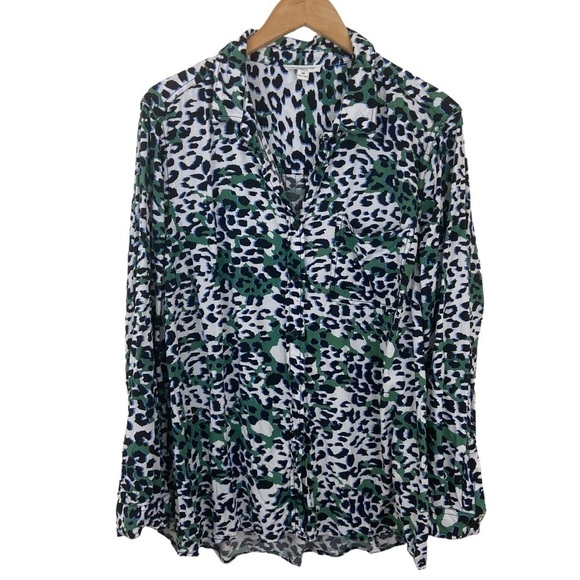 Beach Lunch Lounge Animal Print Tunic Top Button Front Womens Plus 2X Green Blk - Picture 1 of 9